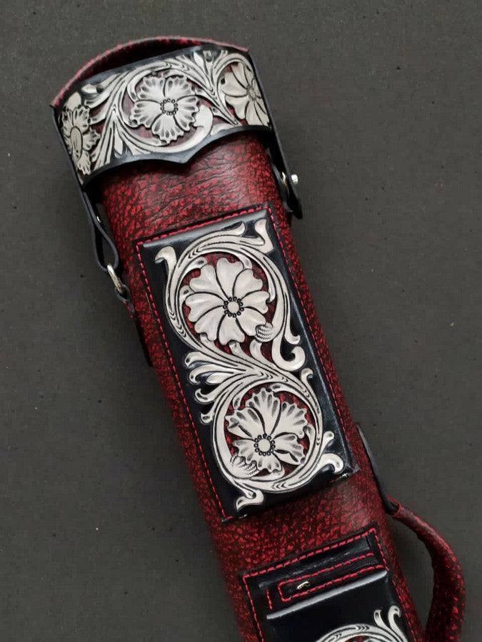 Buffalo Dual Tone Leather Cue Case handtooled and handcolored with worldwide express shipping
