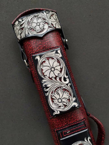 Buffalo Dual Tone Leather Cue Case handtooled and handcolored with worldwide express shipping