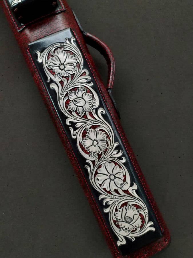 Buffalo Dual Tone Leather Cue Case handtooled and handcolored with worldwide express shipping