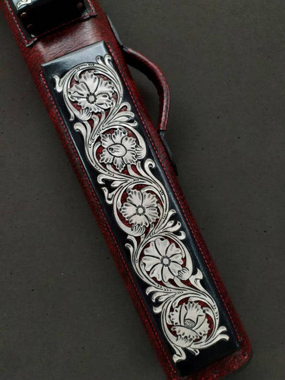 Buffalo Dual Tone Leather Cue Case handtooled and handcolored with worldwide express shipping