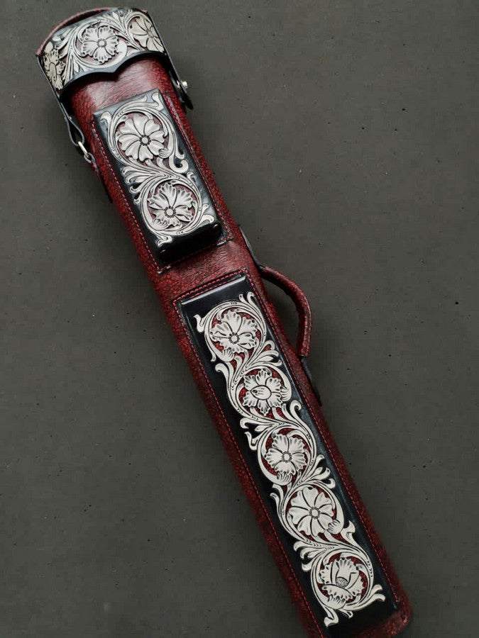 Buffalo Dual Tone Leather Cue Case handtooled and handcolored with worldwide express shipping
