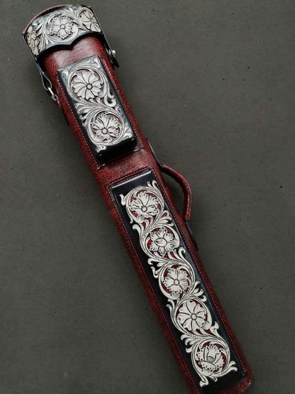 Buffalo Dual Tone Leather Cue Case handtooled and handcolored with worldwide express shipping