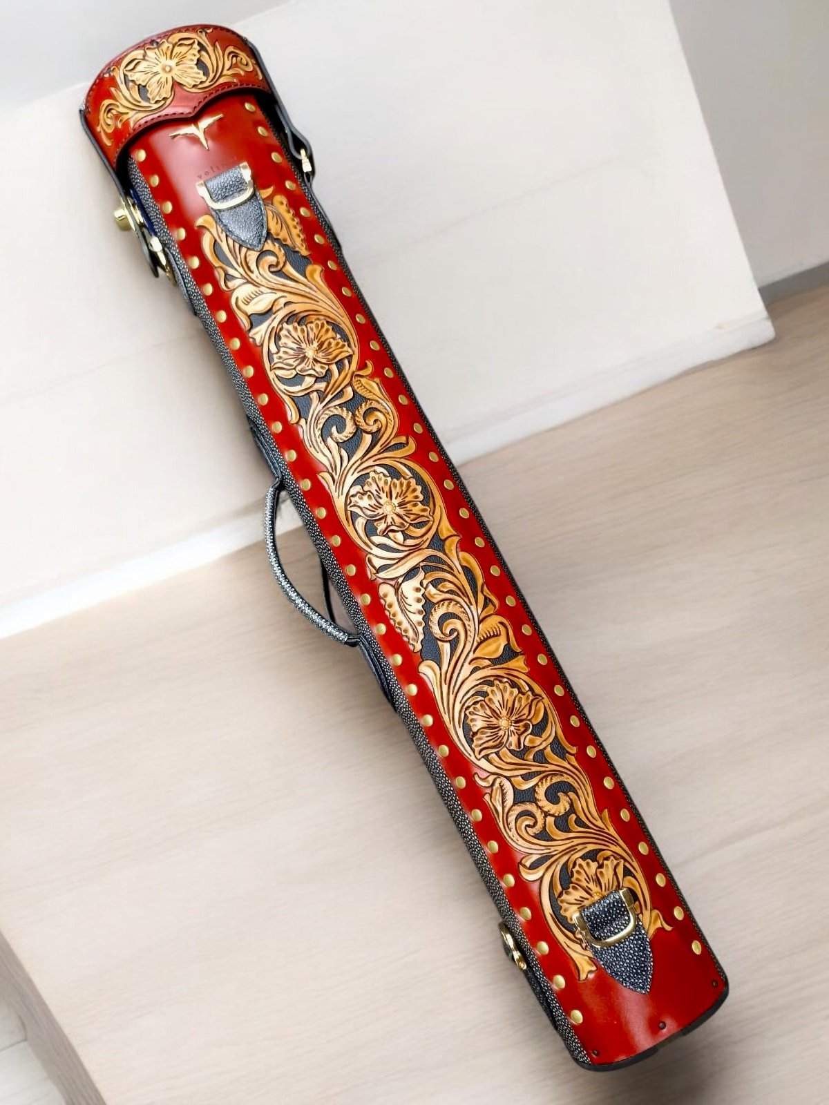 Buffalo Dual Tone Leather Cue Case handcrafted handtooled with dual tone leather and express shipping
