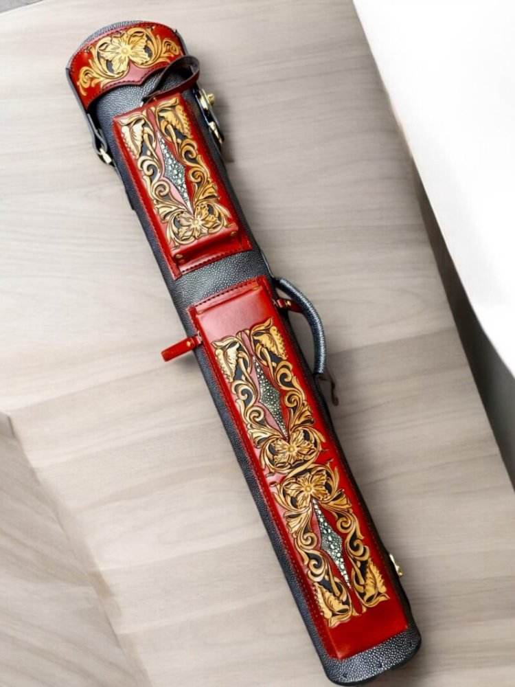 Buffalo dual tone handtooled leather cue case with handcolored finish