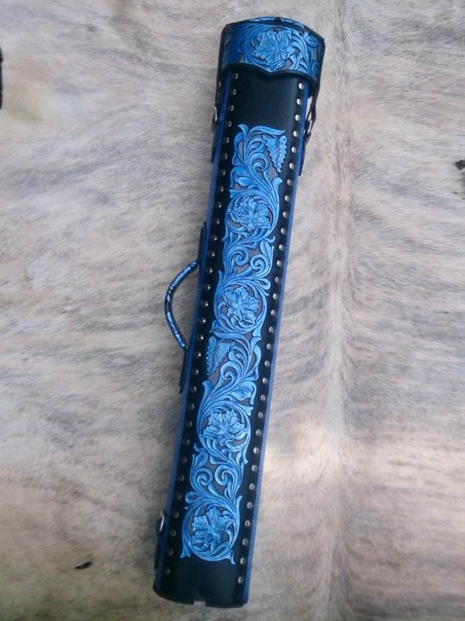 Buffalo dual tone leather cue case handtooled and handcolored with worldwide express shipping