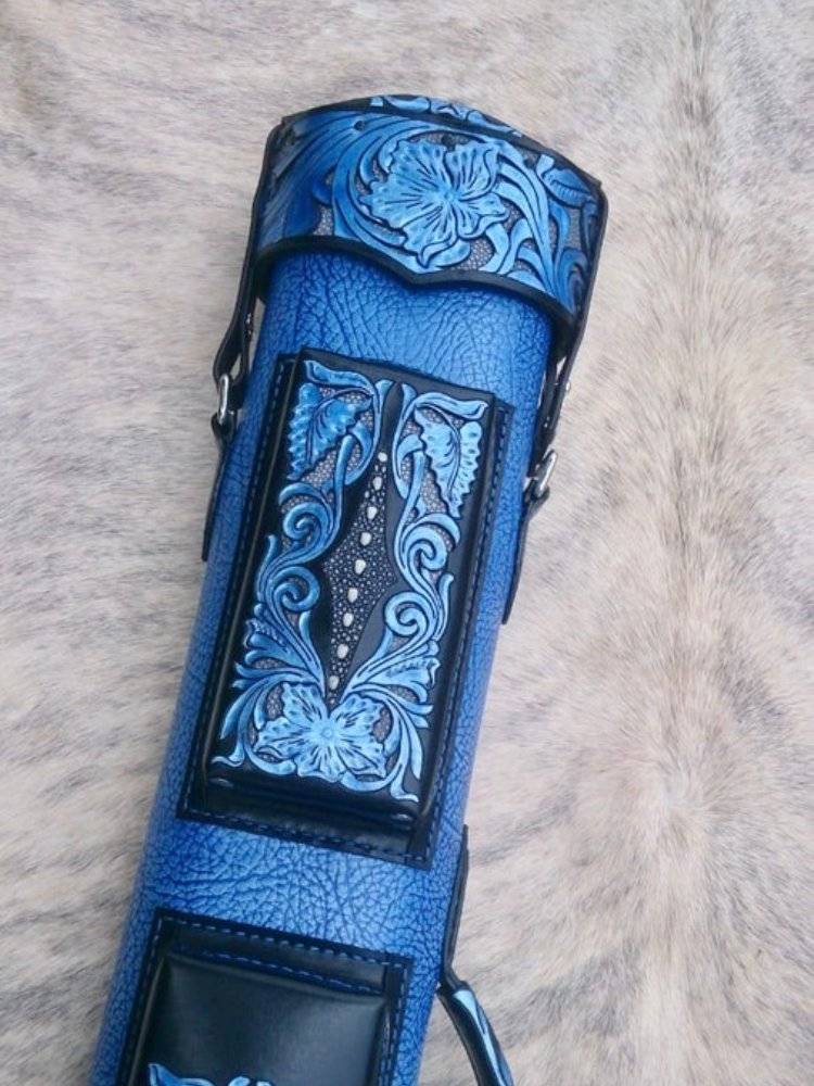 Buffalo Dual Tone Leather Cue Case handtooled and handcolored with worldwide shipping