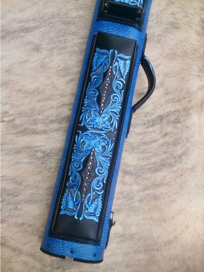 Buffalo Dual Tone Leather Cue Case handtooled and handcolored with dual tone design