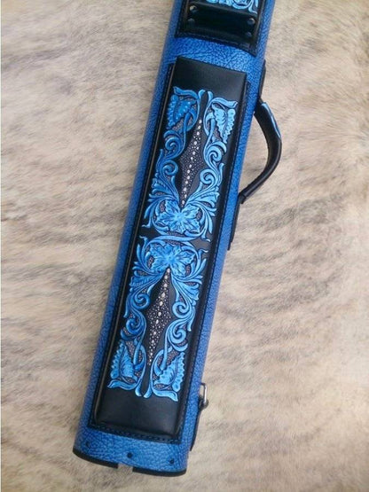 Buffalo Dual Tone Leather Cue Case handtooled and handcolored with dual tone design