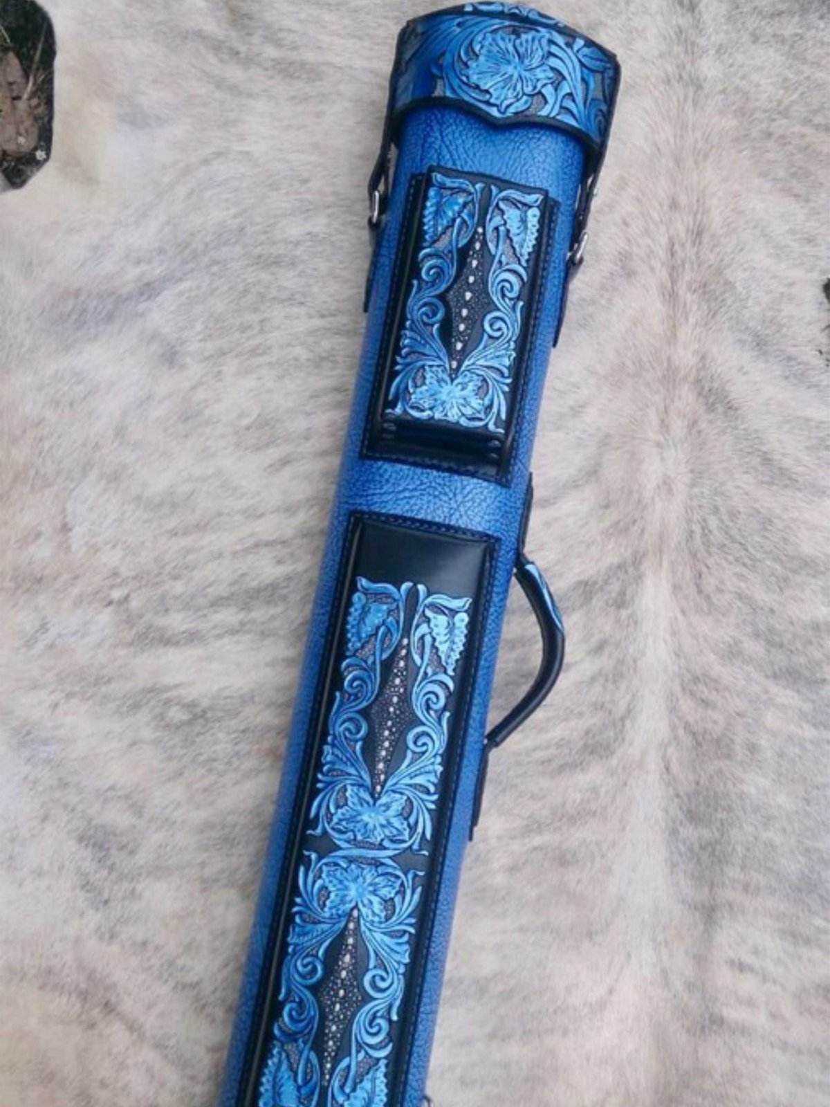 Buffalo dual tone handtooled leather cue case with handcolored finish and worldwide express shipping