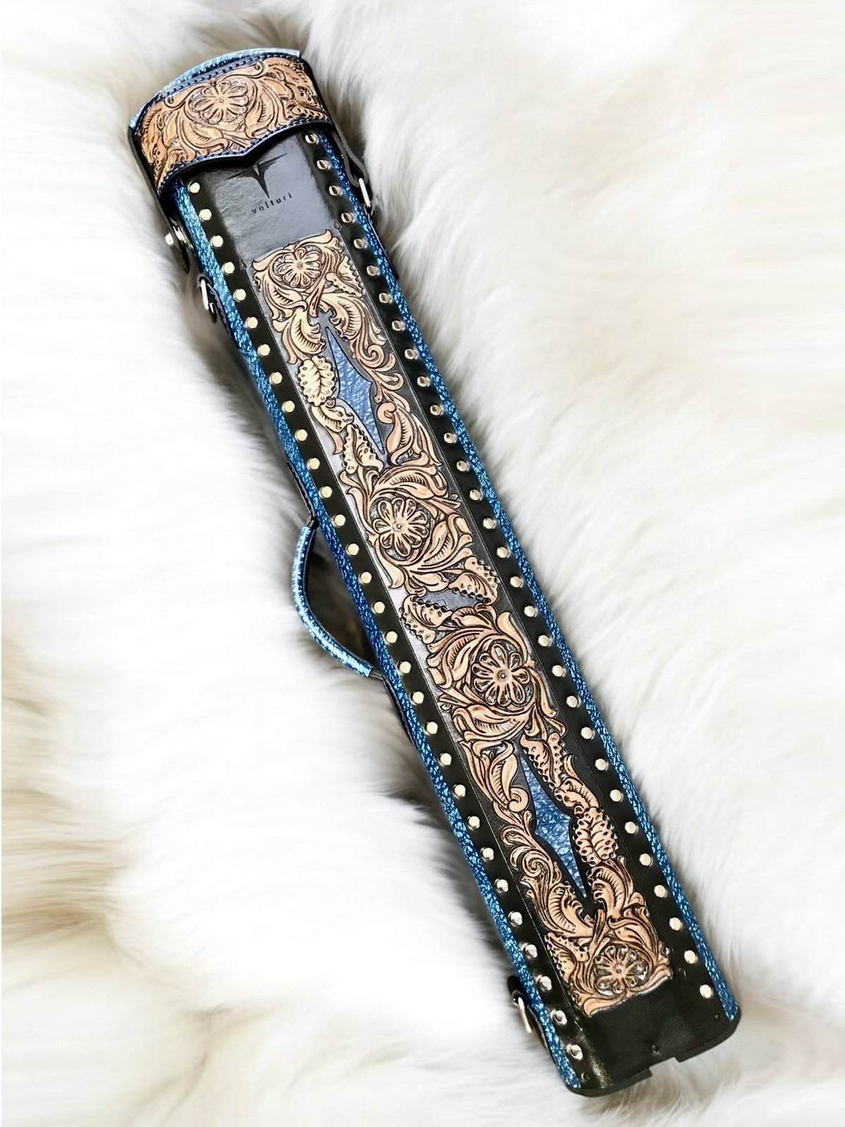 Buffalo Dual Tone Leather Cue Case handtooled and handcolored with worldwide express shipping