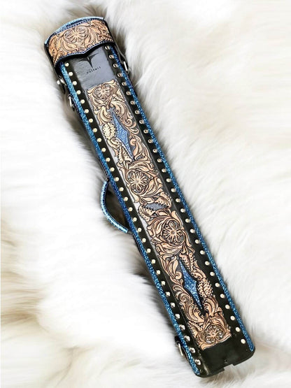 Buffalo Dual Tone Leather Cue Case handtooled and handcolored with worldwide express shipping