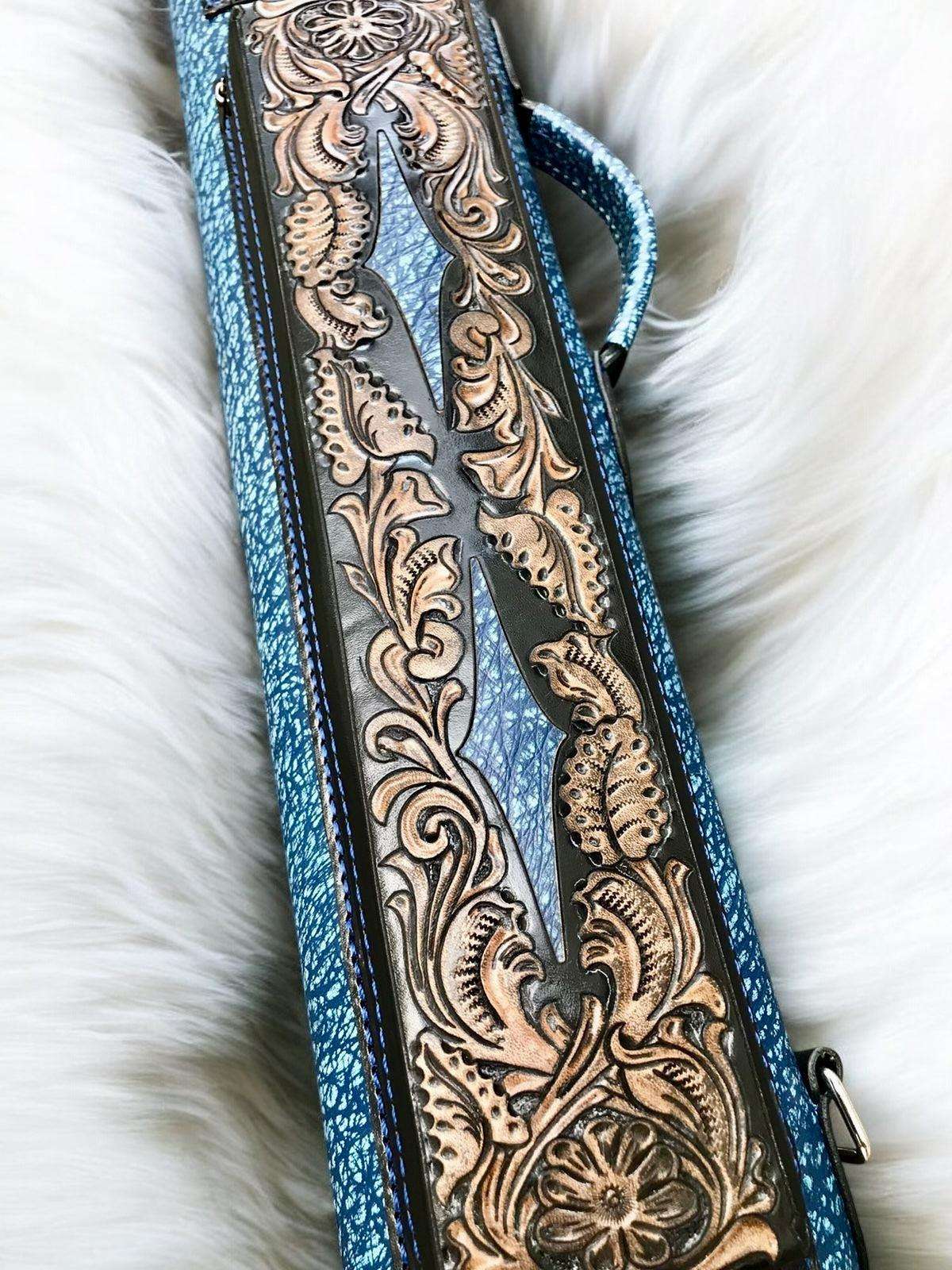 Buffalo Dual Tone Leather Cue Case handtooled and handcolored with worldwide express shipping