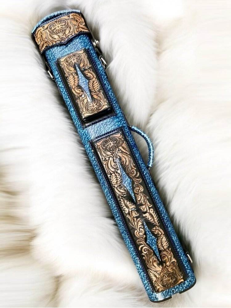 Buffalo Dual Tone Leather Cue Case handtooled handcolored with express shipping