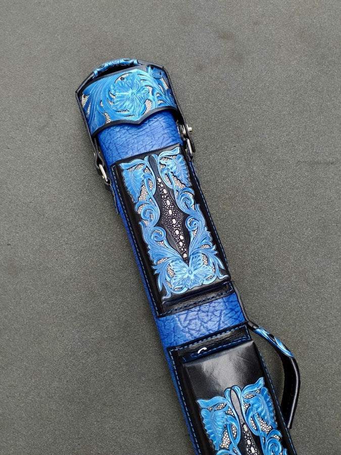 Buffalo Dual Tone Leather Cue Case handtooled and handcolored with worldwide express shipping
