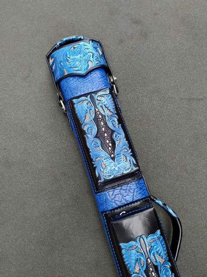Buffalo Dual Tone Leather Cue Case handtooled and handcolored with worldwide express shipping