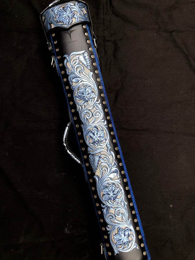 Buffalo dual tone leather cue case handtooled and handcolored with worldwide shipping