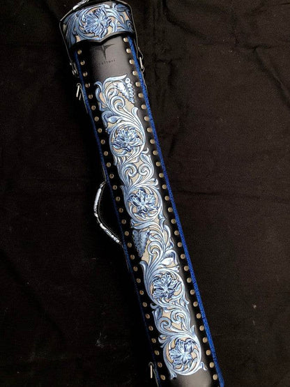 Buffalo dual tone leather cue case handtooled and handcolored with worldwide shipping