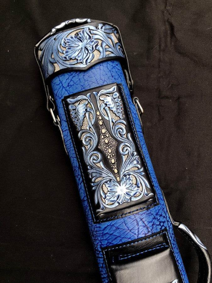 Buffalo Dual Tone Leather Cue Case handtooled and handcolored with worldwide express shipping