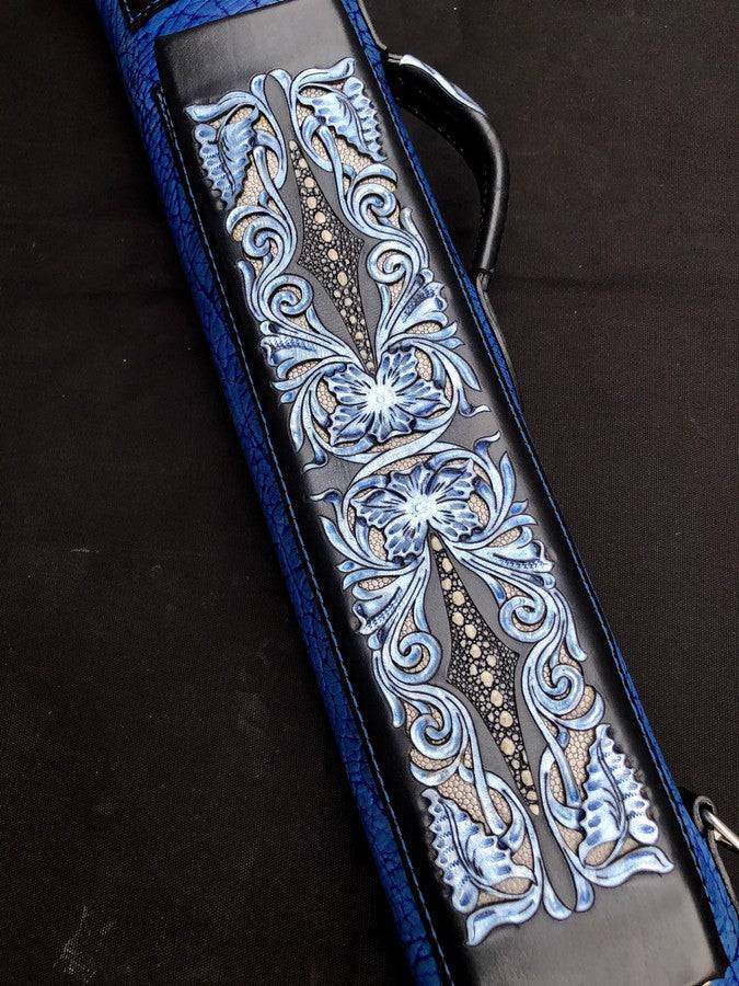 Buffalo Dual Tone Leather Cue Case handtooled and handcolored for cue protection with worldwide shipping