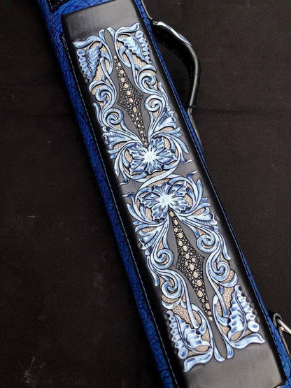Buffalo Dual Tone Leather Cue Case handtooled and handcolored for cue protection with worldwide shipping