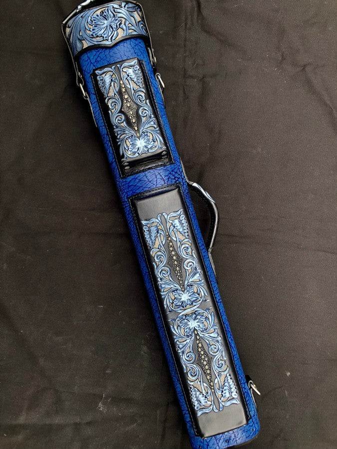 Buffalo Dual Tone Leather Cue Case handcrafted handtooled and handcolored with worldwide express shipping