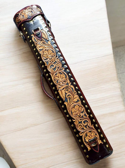 Buffalo Dual Tone Leather Cue Case handcrafted handtooled with handcolored finish