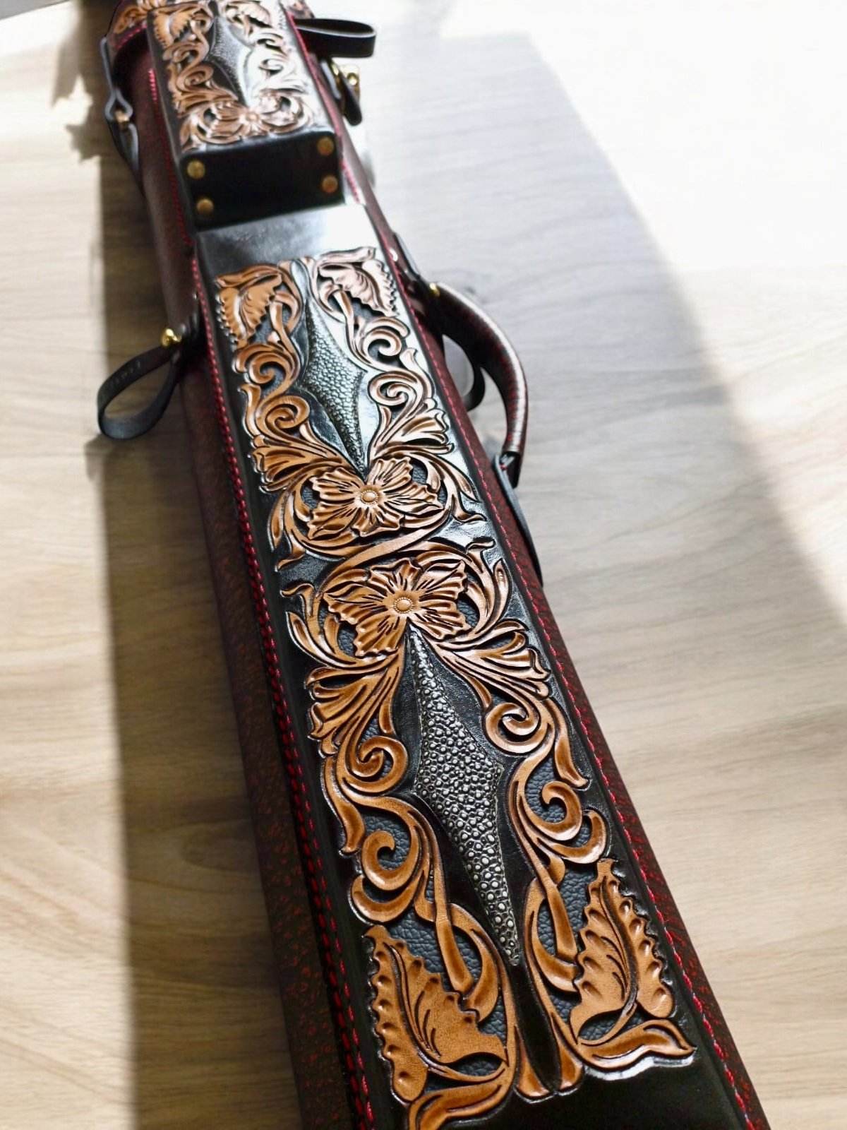 Buffalo Dual Tone Leather Cue Case handtooled and handcolored with worldwide shipping