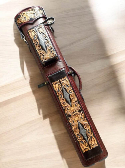 Buffalo dual tone handtooled leather cue case with handcolored finish