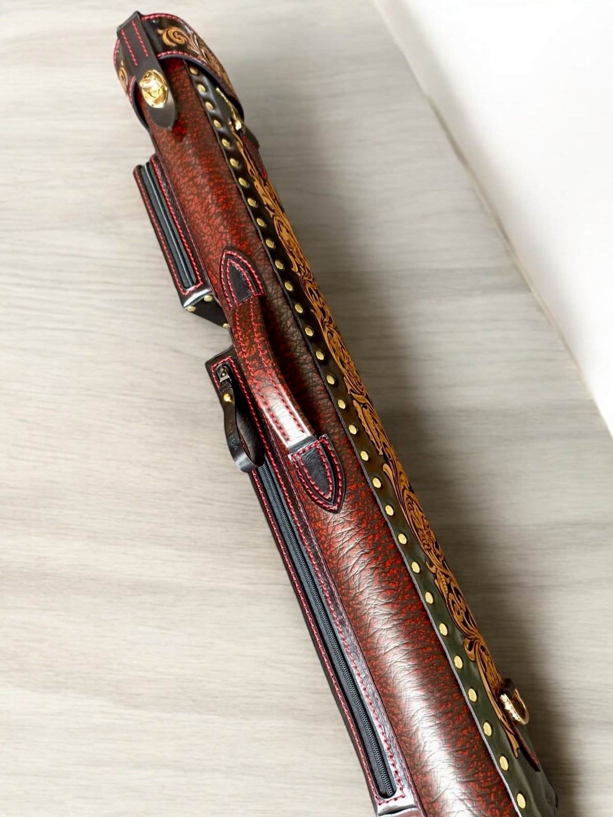 Buffalo Dual Tone Leather Cue Case handtooled and handcolored with worldwide express shipping