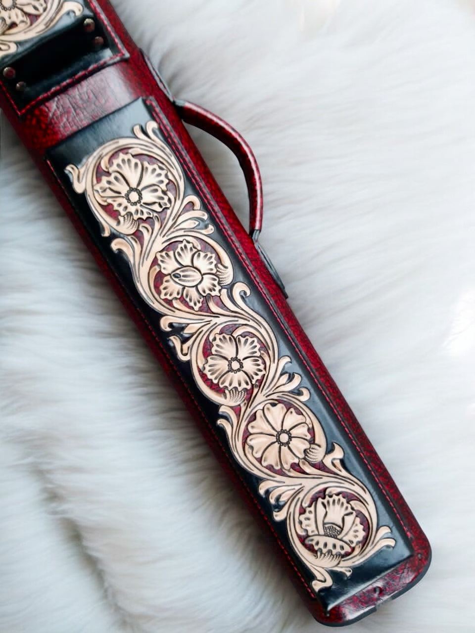 Buffalo dual tone leather cue case handtooled handcolored for pool cues