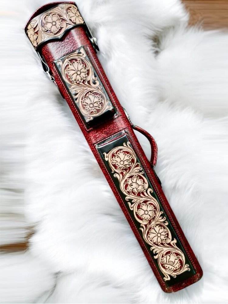 Buffalo Dual Tone Leather Cue Case handtooled and handcolored with express shipping