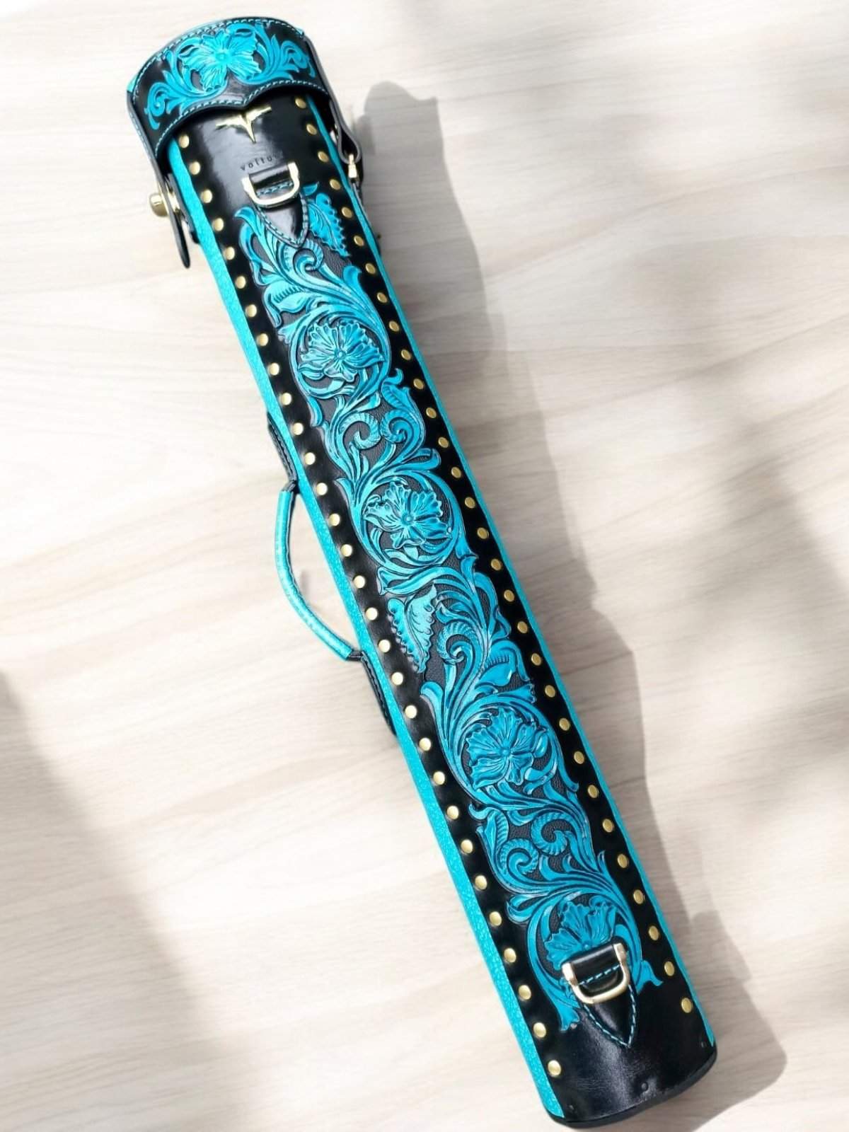 Buffalo Dual Tone Leather Cue Case handtooled handcolored with worldwide shipping