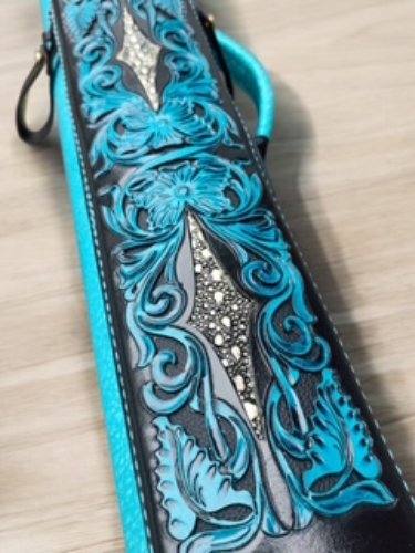 Buffalo Dual Tone Leather Cue Case handtooled handcolored with express shipping