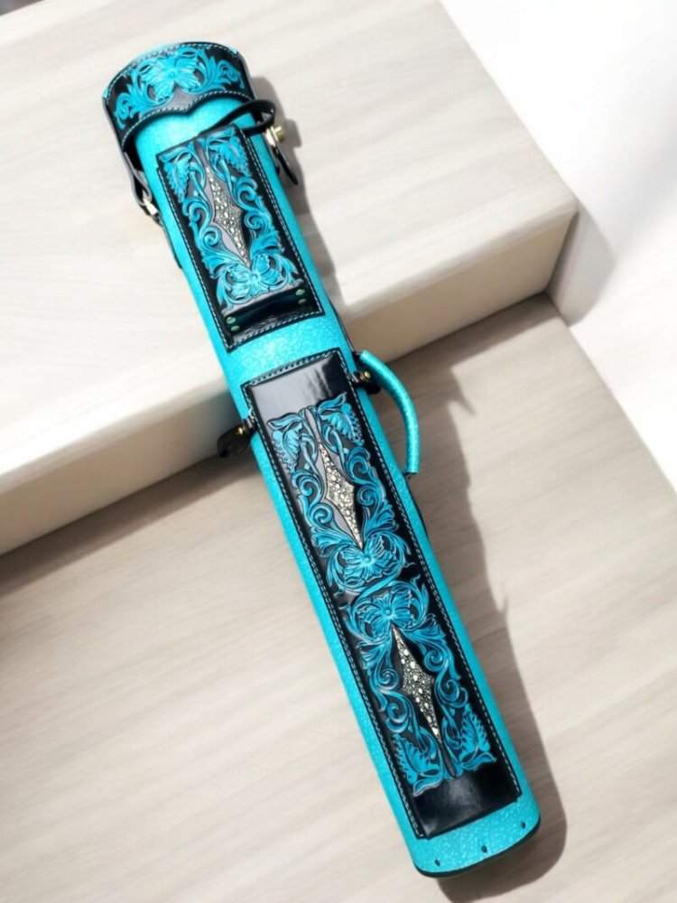 Buffalo dual tone handtooled leather cue case with handcolored finish
