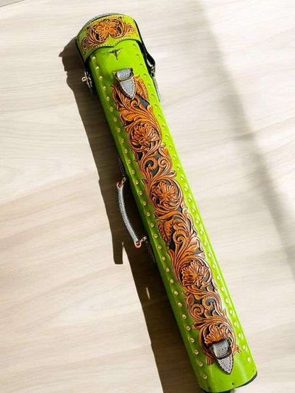 Buffalo Signature Leather Cue Case handtooled and handcolored with express shipping