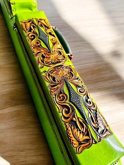 Buffalo Signature Leather Cue Case handtooled and handcolored with express shipping