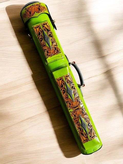 Buffalo Signature Leather Cue Case handtooled handcolored with worldwide express shipping