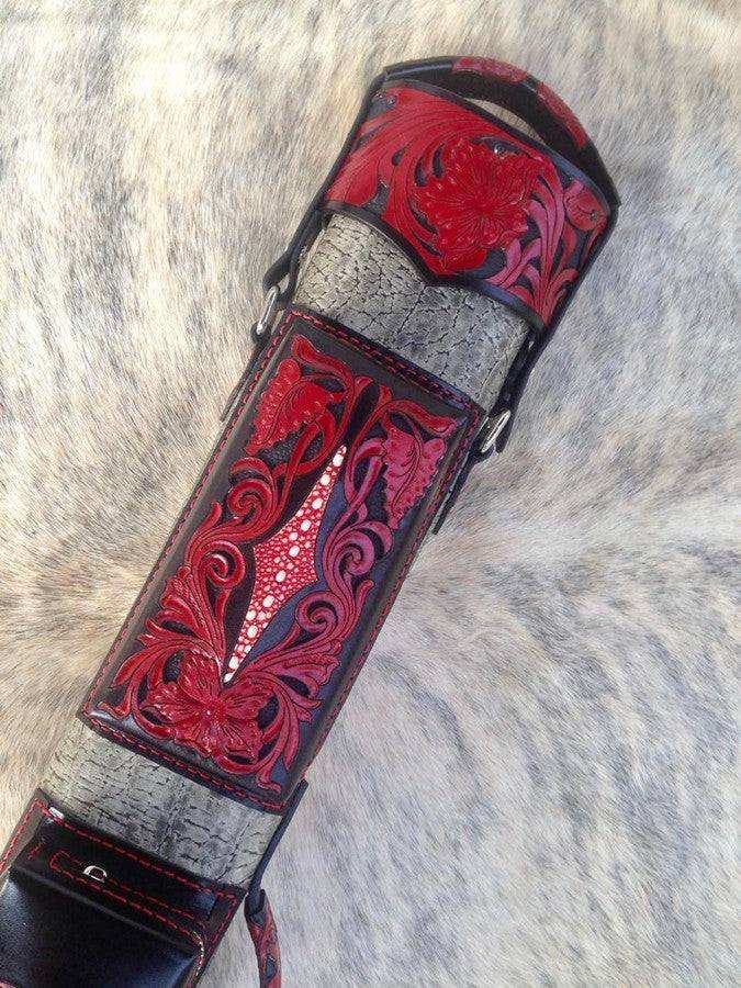 Buffalo Signature Leather Cue Case handtooled and handcolored with express shipping