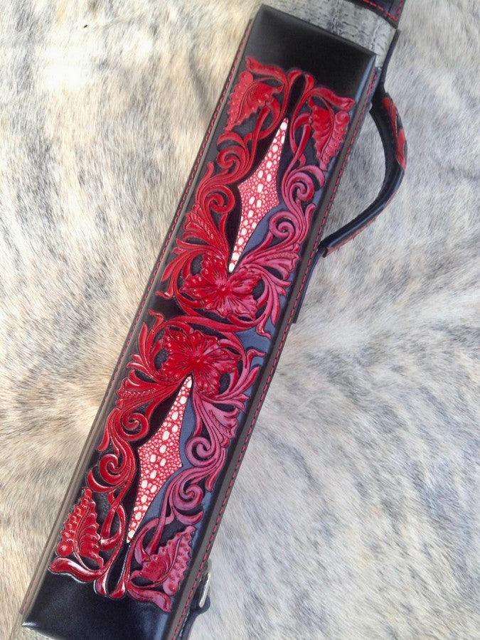 Buffalo Signature Leather Cue Case handtooled and handcolored with worldwide express shipping