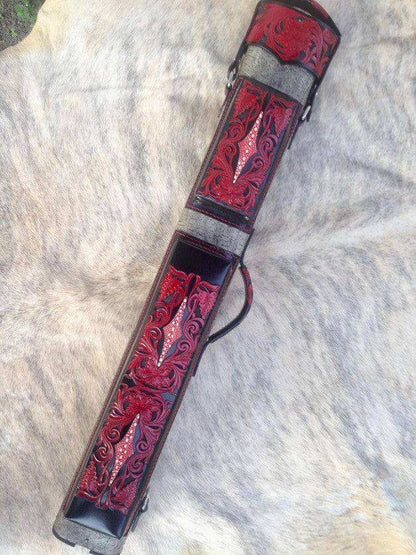 Buffalo Signature Handtooled Leather Cue Case with handcolored details and worldwide shipping