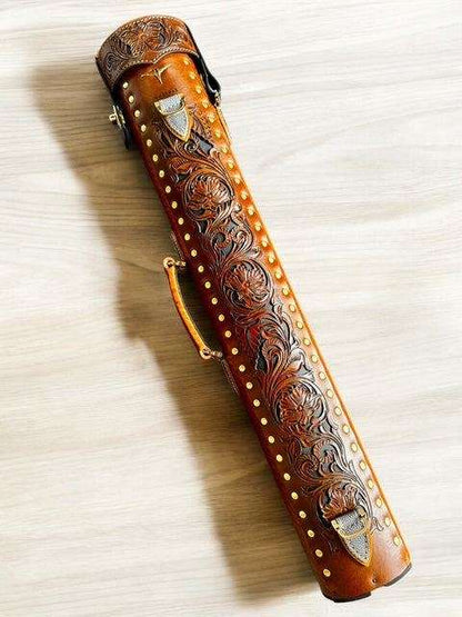Buffalo Signature Leather Cue Case handtooled and handcolored with worldwide shipping