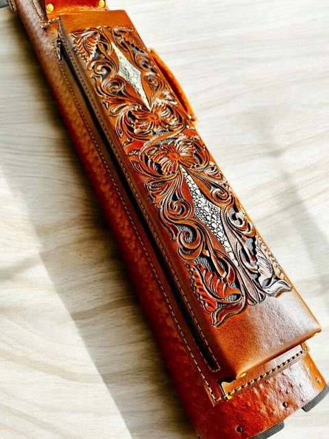 Buffalo Signature Leather Cue Case handtooled and handcolored with express shipping