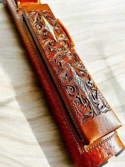 Buffalo Signature Leather Cue Case handtooled and handcolored with express shipping