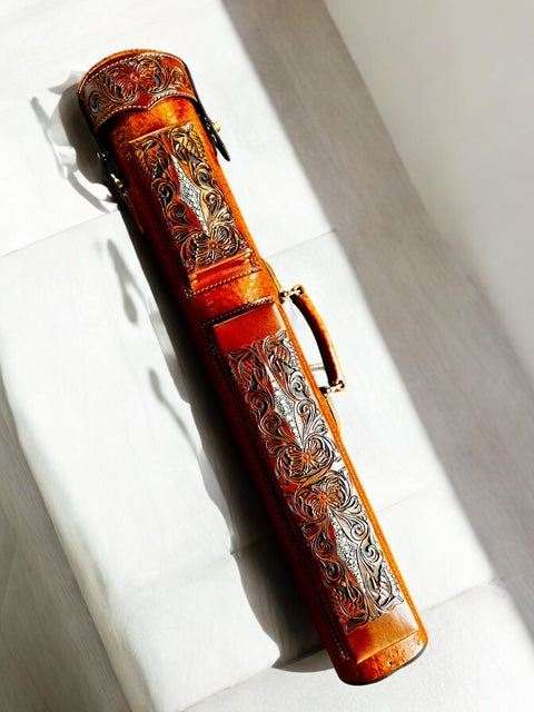 Buffalo Signature Leather Cue Case handtooled and handcolored with express shipping