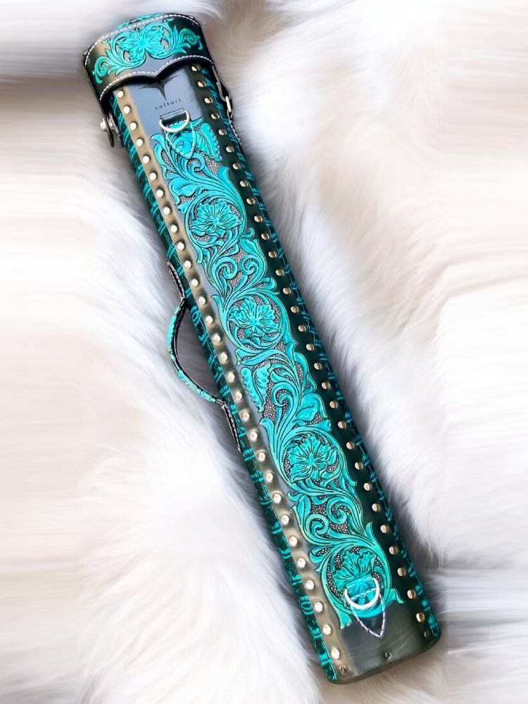 Buffalo Signature Leather Cue Case handtooled and handcolored with worldwide express shipping