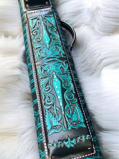 Buffalo Signature Leather Cue Case handtooled and handcolored with worldwide express shipping