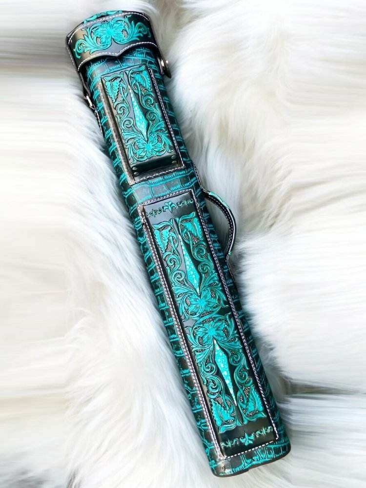 Buffalo Signature Leather Cue Case handtooled and handcolored with worldwide express shipping