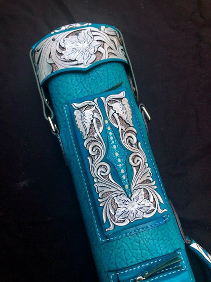 Buffalo Single Tone Leather Cue Case handtooled and handcolored leather with worldwide express shipping