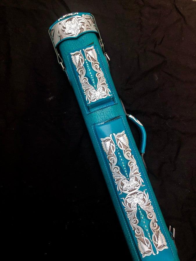 Buffalo single tone leather cue case handtooled and handcolored with worldwide shipping