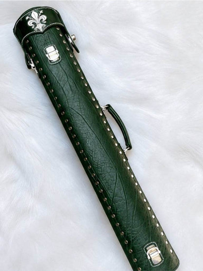 Back view of Crusade green leather cue case with hand-carved fleur-de-lis detail on the top lid and handmade finish